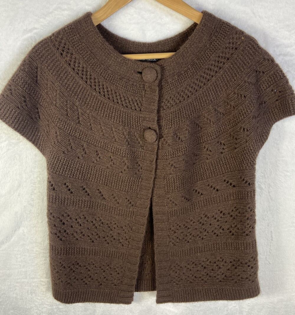 Marina Luna Lambswool & Angora Fall Cardigan Sweater Womens M Short Sleeve Brown